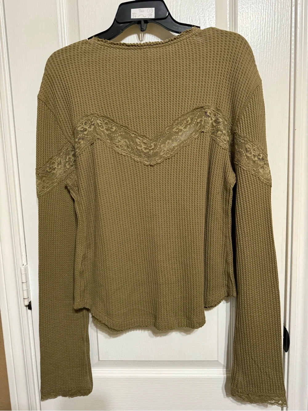 H215 NWT Free People XL pp18-24 Olive Green Lace-Trim Button-Up Waffle Knit Top - Picture 6 of 10